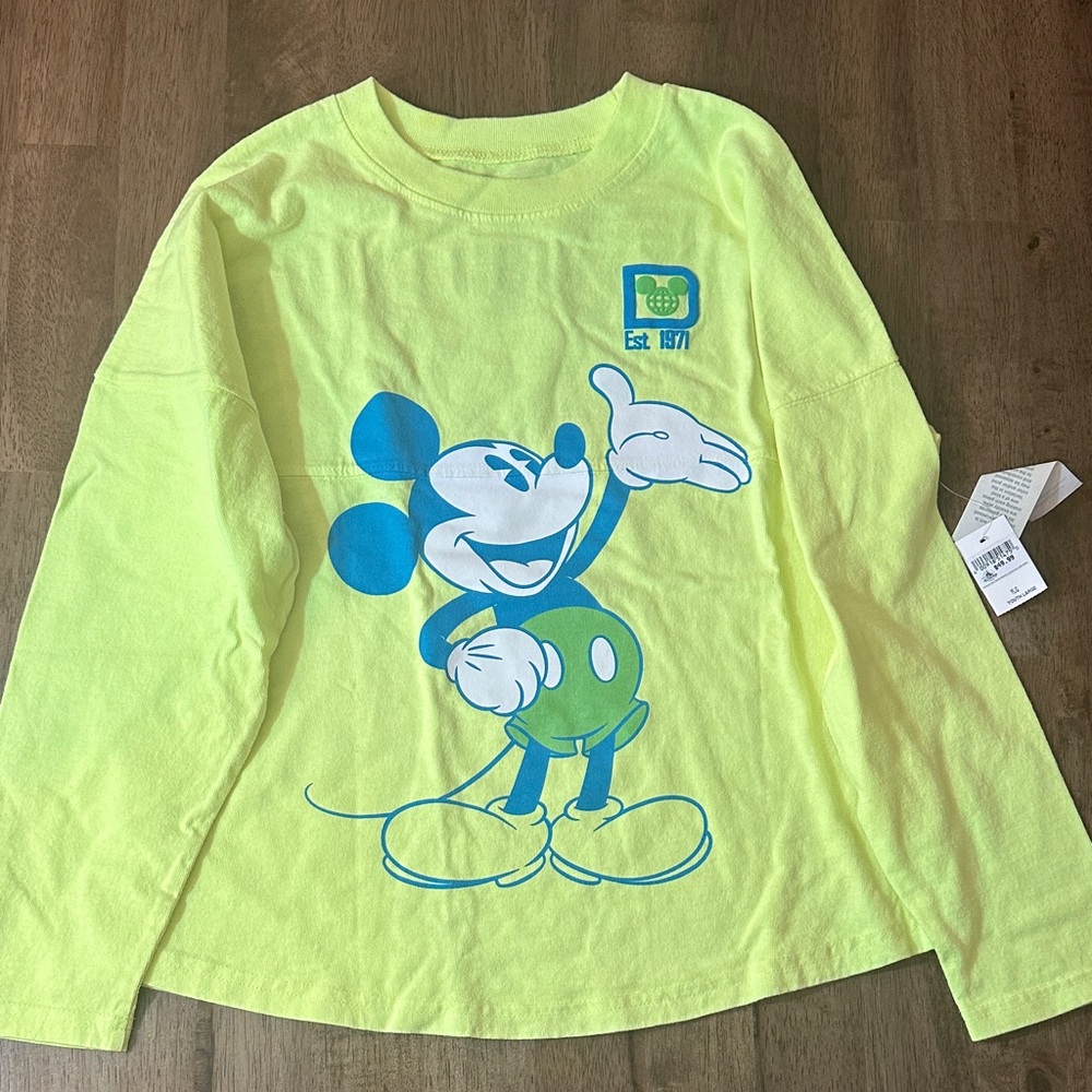 Disney Neon Yellow Spirit Jersey Long-Sleeve Tee. NWT. Youth Size L